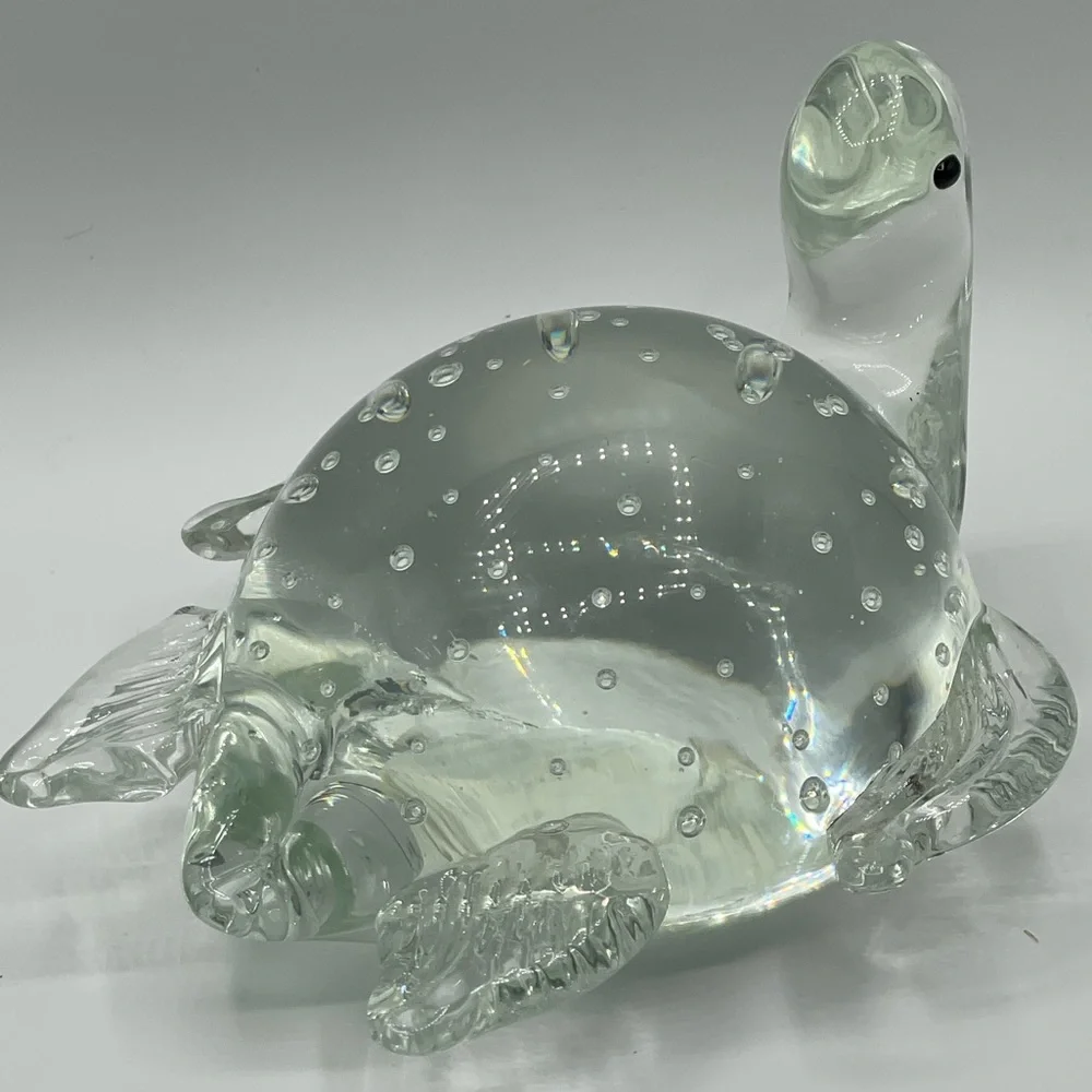 West Elm: Hand Blown Sea Turtle Clear Glass Paperweight with Bullicante Bubbles